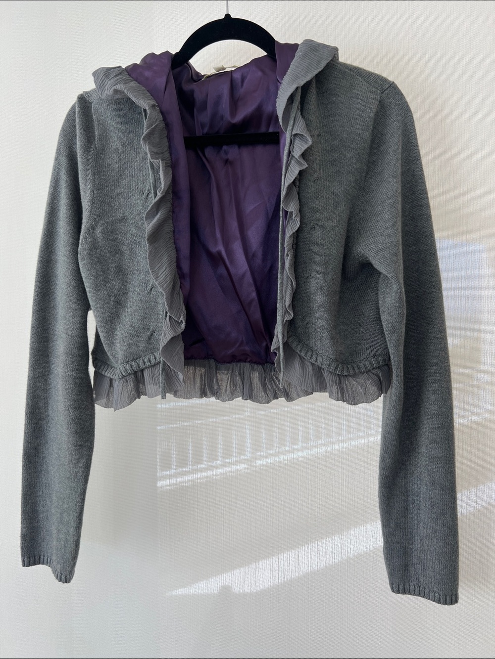 Gianni Bini Gray Cropped Ruffle-Trim Sweater/Hoodie with Purple Lining